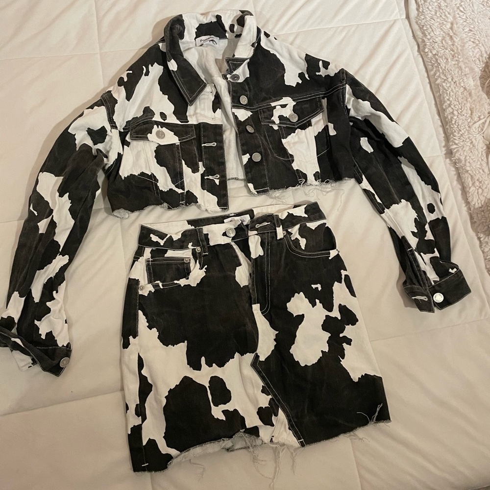 Co-ord cow print jeans jacket and skirt